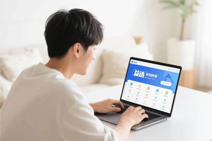 一位年轻用户在明亮舒适的室内环境中愉快地使用笔记本电脑,屏幕上展示杏宇客户端新版界面